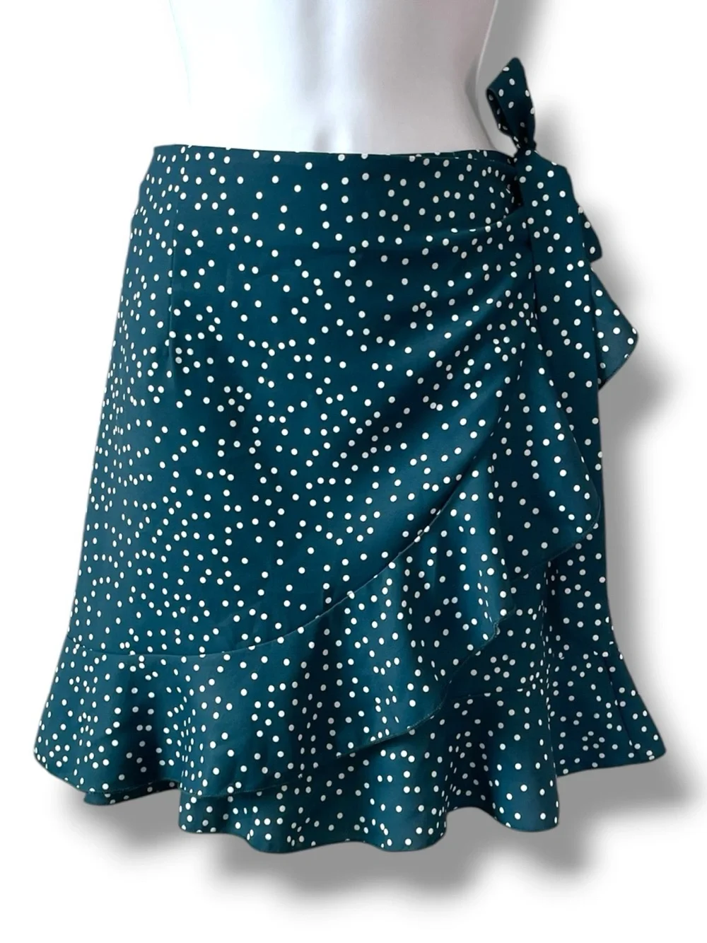 Teal Polka Dot Wrap Mini Skirt Ruffle Hem Coquette Y2K Feminine Cottagecore